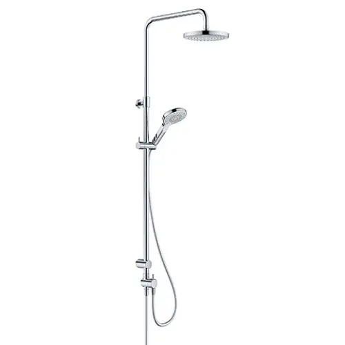 Kludi Duschsystem mit zwei Brausen, einer festen Oberbrause und einer Handbrause. Das System ist aus verchromtem Material gefertigt und an einer Wand montiert.